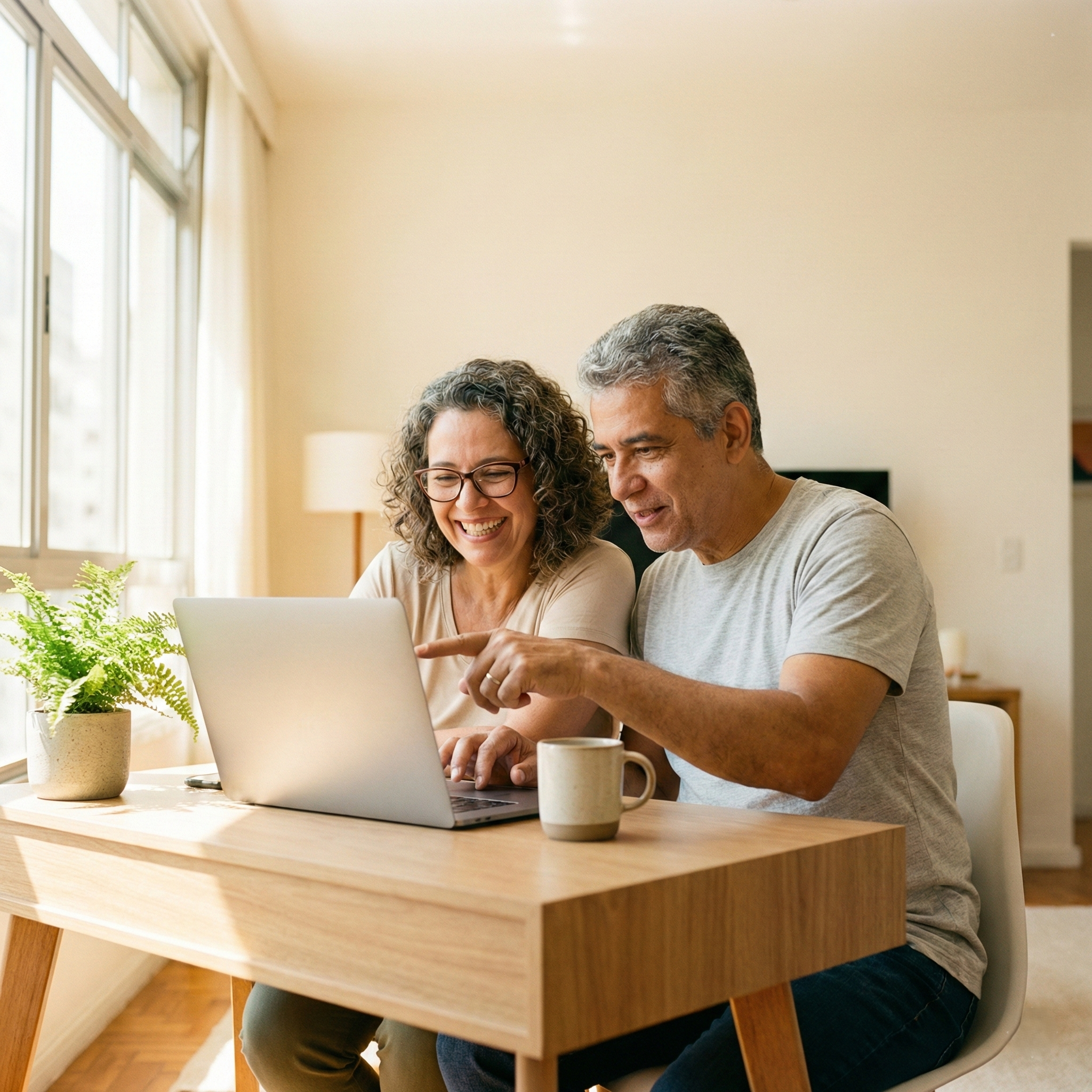 Casal aprendendo a usar o computador juntos, sorrindo